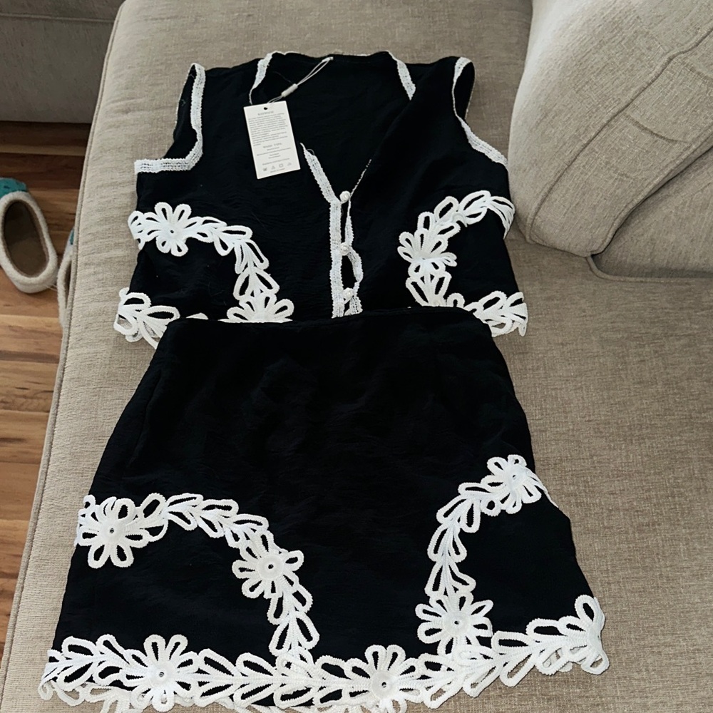 Black Mini Dress Set with White Floral Trim